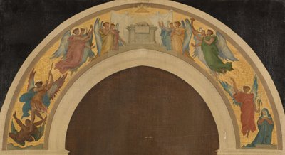 Schets voor de Drievuldigheidskerk: Het Paaslam. Groep aanbiddende engelen. De aartsengel Michaël overwint de duivel. De Aankondiging. Sint Paulus. Sint Petrus, circa 1864 door Felix A.M. (after) Jobbe Duval