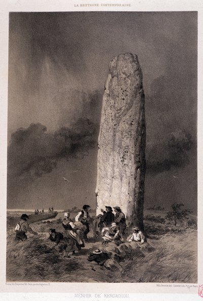 Boeren rond de menhir van Kergadiou (Finistère) - in "La Bretagne contemporaine", ill. door Félix Benoist, uitgever Charpentier, Parijs door Felix Benoist