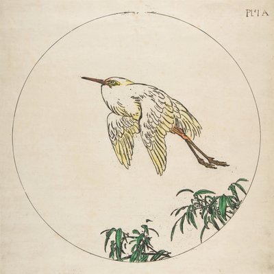 Decoratie voor een bord: Een reiger vliegt boven bamboetakken, 1850-1914 door Felix Bracquemond