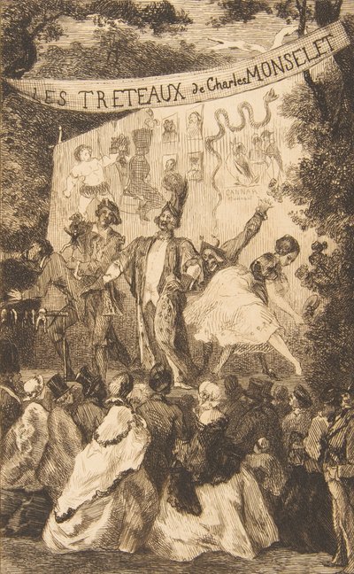 Frontispice voor Les Tréteaux de Monselet, 1859 door Felix Bracquemond