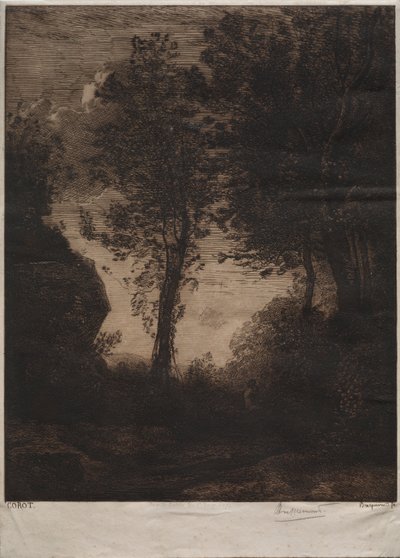 Landschap: Zonsondergang, naar Corot, ca. 1858 door Felix Bracquemond