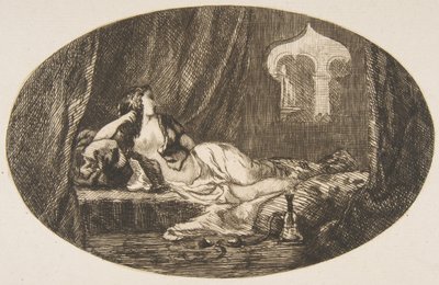 Odalisque liggend in een harem, uit Titres de Romance, 1857 door Felix Bracquemond