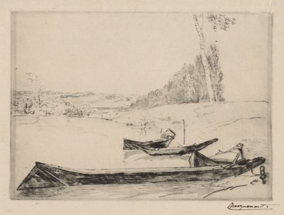 Kleine veerboten aan de oevers van de Seine, c. 1858 door Felix Bracquemond