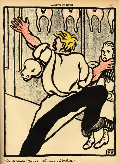 Een slager grijpt een vrouw bij de nek en roept om hulp, uit 