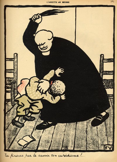 Een priester slaat een jongen, uit 