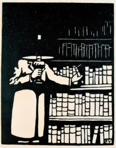 Boekenliefhebber met lamp in zijn bibliotheek door Felix Edouard Vallotton