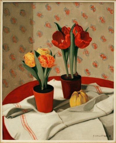 Twee potten met rode en gele tulpen door Felix Edouard Vallotton