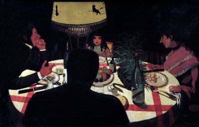 Diner, lampeffect. Voorstelling van de schilder omringd door zijn vrouw en mooie kinderen door Felix Edouard Vallotton