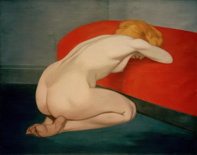 Naakte vrouw knielt voor een rode bank door Felix Edouard Vallotton
