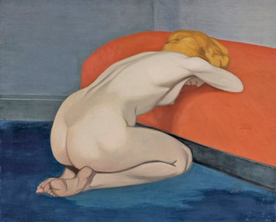 Naakte vrouw knielend voor een rode bank door Felix Edouard Vallotton