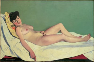 Naakte vrouw liggend op een wit laken, gele kussen door Felix Edouard Vallotton