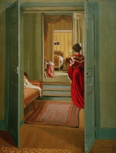 Interieur met Vrouw in Rode Jurk van Achteren door Felix Edouard Vallotton