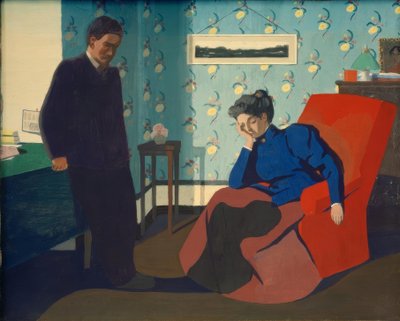 Interieur met rode fauteuil en figuren door Felix Edouard Vallotton