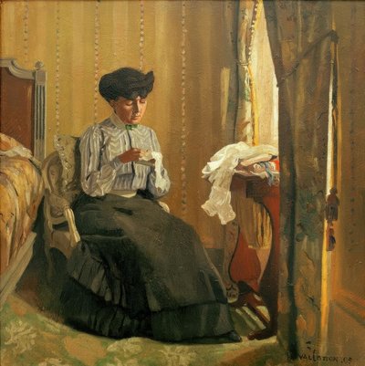 Jonge vrouw naaiend bij het raam door Felix Edouard Vallotton