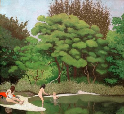 Zonnig boslandschap, met twee vrouwen en een kind door Felix Edouard Vallotton