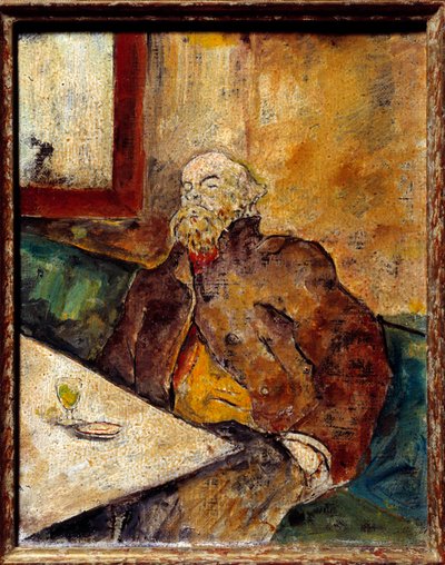 Portret van Paul Verlaine (1844 - 1896), Franse dichter, zittend aan de bar voor een glas absint. Schilderij toegeschreven aan Félix Vallotton (1865-1925) door Felix Edouard Vallotton