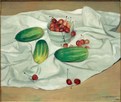 Drie komkommers en een witte vaas met kersen door Felix Edouard Vallotton