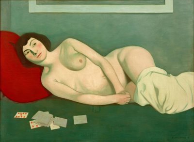 Naakte vrouw liggend met blauwe kaarten door Felix Edouard Vallotton