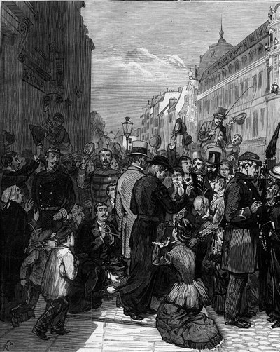 Deportatie van de Jezuïeten uit de Rue de Sevres in Parijs na de decreten van maart 1880 uitgevaardigd door Jules Ferry en het verwijderen van het recht om les te geven aan leden van niet-erkende religieuze congregaties: de Parijse bevolking toont solidari door Felix Elie Regamey
