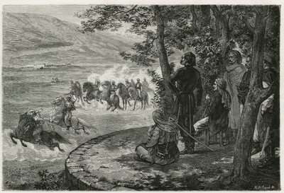 De race van de djerid, de ruiter begon met het vasthouden van een korte stok die zowel de speer als het geweer vertegenwoordigde; hij zwaaide het boven zijn hoofd voordat hij het weggooide, gravure door F.Regamey, ter illustratie van het verhaal Les Ansari door Felix Elie Regamey