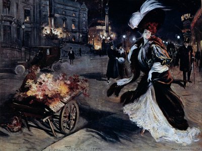 Belle Epoque: Vrouw in reigers in een Parijse straat 