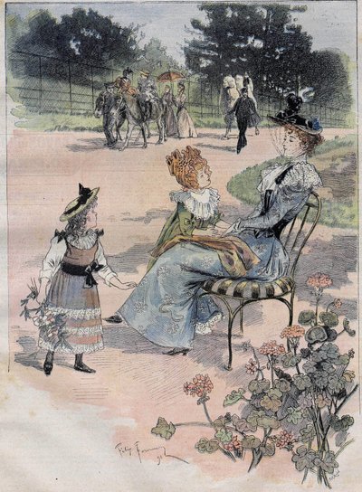 De kinderwandeling naar de acclimatisatietuin in Parijs in 1892. Gravure de founery aquerelle door Felix Fournery