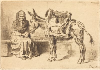 Zittende vrouw en ezel, 1875 door Felix Hilaire Buhot