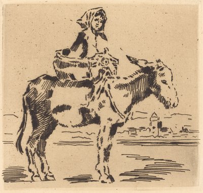Vrouw die een Ezel rijdt bij een Toren door Felix Hilaire Buhot