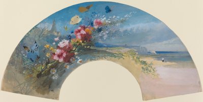 Waaier met Wilde Bloemen en Vlinders tegen de Normandische Kust door Felix Hilaire Buhot
