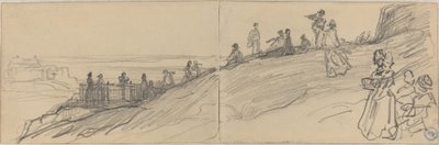 Figuren op een heuvel, met uitzicht op de zee door Felix Hilaire Buhot