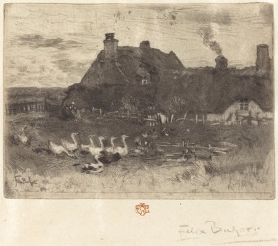 Les Petites Chaumières rieten huisjes - kleine plaat, 1878 door Felix Hilaire Buhot