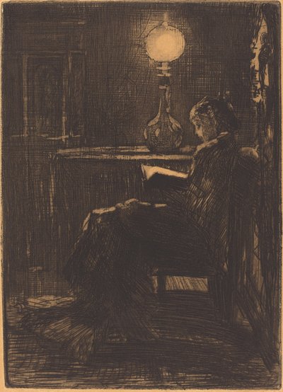 Vrouw die leest bij lamplicht, 1879 door Felix Hilaire Buhot