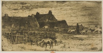 Schapenstal bij zonsondergang door Felix Hilaire Buhot