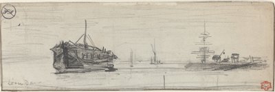 Scheepvaart in de haven van Londen [recto], ca. 1884 door Felix Hilaire Buhot