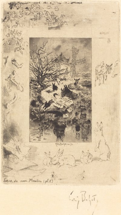 Titelpagina voor Lettres de Mon Moulin, ca. 1885 door Felix Hilaire Buhot