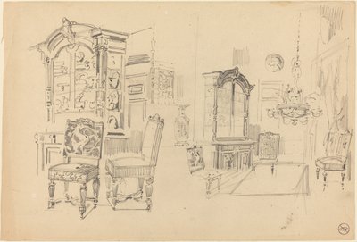 Twee studies van een interieur met meubels door Felix Hilaire Buhot