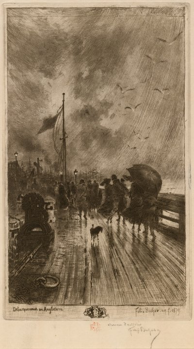 Een Landing in Engeland door Felix Hilaire Buhot