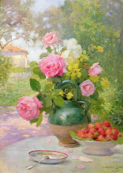 Stilleven van rozen en aardbeien door Felix Hippolyte Lucas