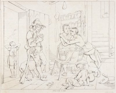 (Rip Van Winkle, illustratie) Rip gepest door zijn vrouw door Felix Octavius Carr Darley