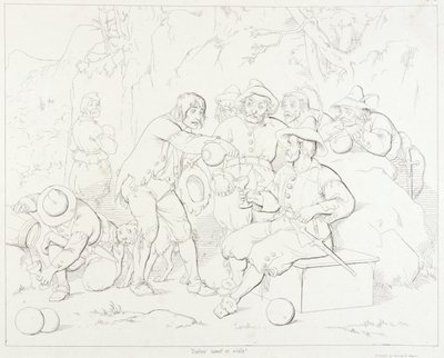 (Rip Van Winkle, illustratie) Rip schenkt drank aan de vreemde mannen in de bergen door Felix Octavius Carr Darley