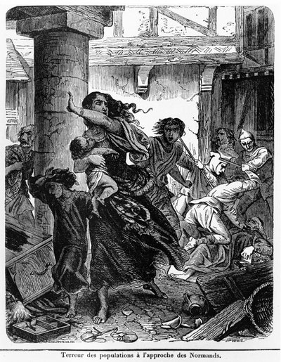 De terreur van de Frankische bevolking voor de aanval van de Noormannen in de 9e eeuw door Felix Philippoteaux