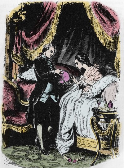 De likeur van de koningin inspireert de kettingzaak. Tekening door Felix Philippoteaux (1815-1884) voor 