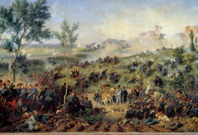 Zicht op de Slag bij Montebello di Casteggio, 20 mei 1859 door Felix Philippoteaux