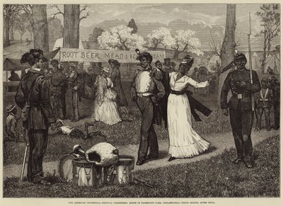 Het Amerikaanse Centennial Festival Tentoonstelling, scène in Fairmount Park, Philadelphia, Negro Militie na oefening door Felix Regamey