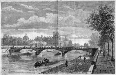 Architectuur: uitzicht op de brug van Solferino in Parijs. Gebouwd door ingenieur Paul Martin Gallocher de Lagalisserie (1805-1871) en ingehuldigd in 1861, gesloopt in 1960 en vervangen door de Senghorbrug (Solferinobrug). Gravure door Felix Thorigny. door Felix Thorigny
