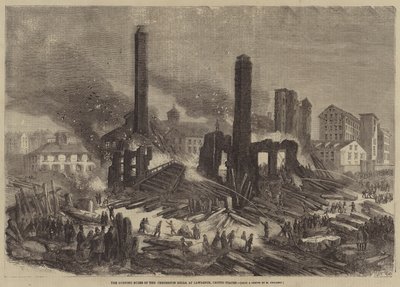 De brandende ruïnes van de Pemberton Mills, in Lawrence, Verenigde Staten door Felix Thorigny