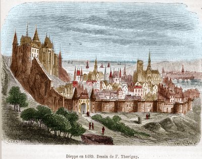 De stad Dieppe met zijn kasteel (Seine Maritime) (76) in Normandië in 1489. door Felix Thorigny