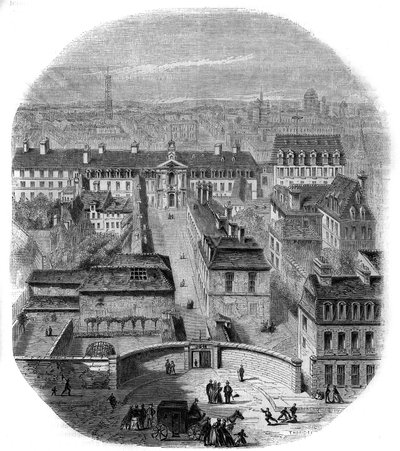 Uitzicht op de Gobelins tapijtfabriek in Parijs, met het kapucijnenklooster, het observatorium en het kasteel van de koningin Blanche. Gravure door Thorigny door Felix Thorigny