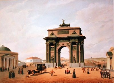 De Triomfboog op het Tverskaya Plein in Moskou, gedrukt door Lemercier, Parijs door Felix after Benoist