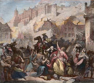 Vernietiging van Heidelberg door de Fransen onder generaal Ezechiel Melac, 2 maart 1689 - Brand van het kasteel van Heidelberg - 1689 - Negenjarige Oorlog - Oorlog van de Grote Alliantie - Oorlog van de Liga van Augsburg - 